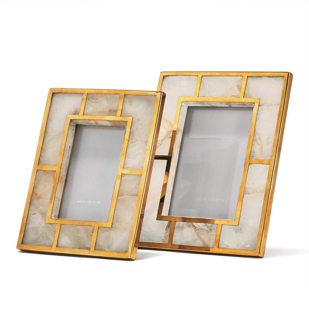 White Quartz Set of 2 Photo Frames with Brass Trim in Gift Box