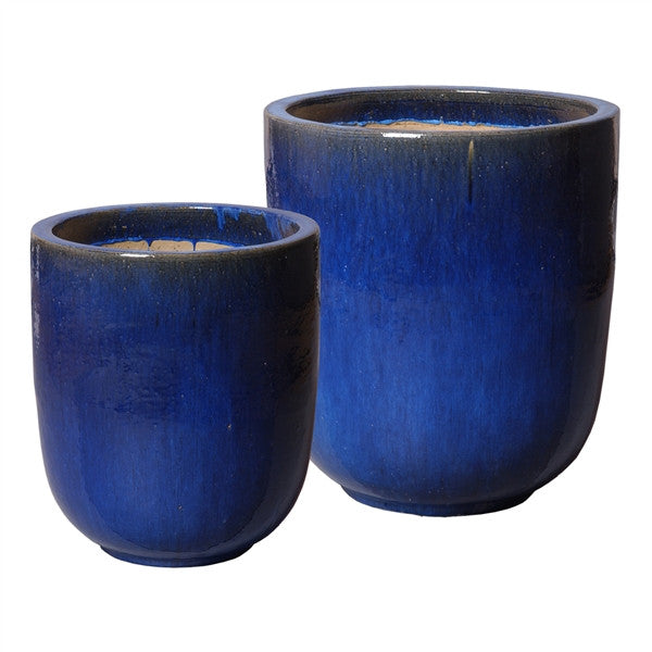 set of two large round pots in blue design by emissary 1