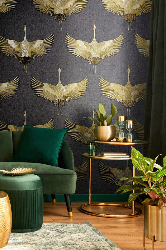 media image for Stork Wallpaper in Black/Gold 223