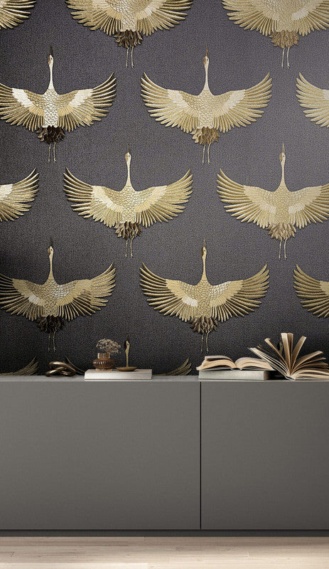 media image for Stork Wallpaper in Black/Gold 217