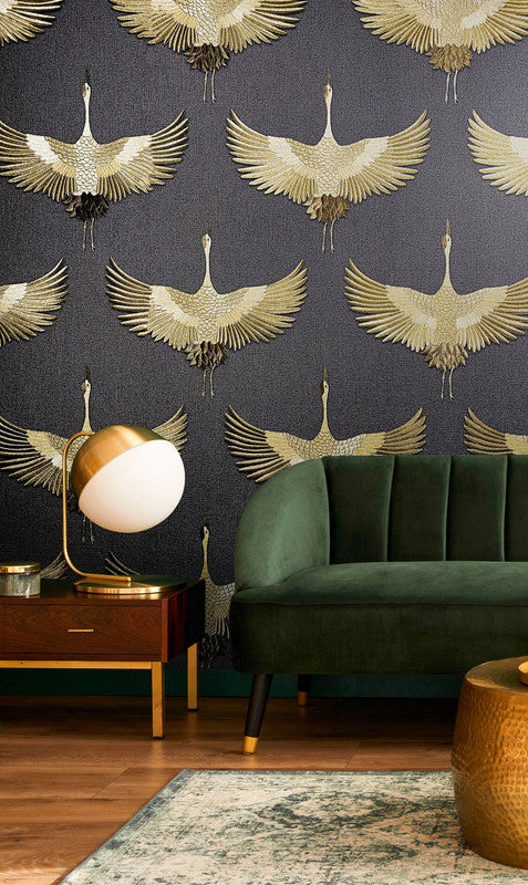 media image for Stork Wallpaper in Black/Gold 293