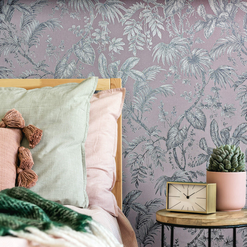 media image for Palm & Foliage Wallpaper in Soft Pink/Silver from the Olio Collection 266