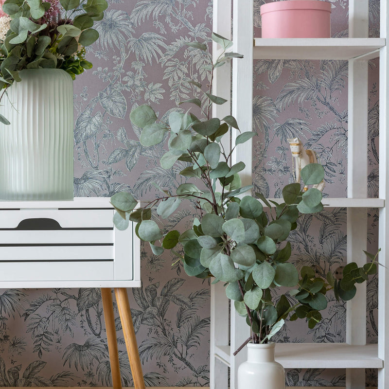 media image for Palm & Foliage Wallpaper in Soft Pink/Silver from the Olio Collection 295