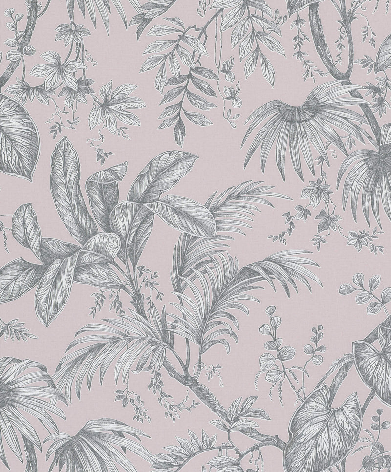 media image for sample palm and foliage wallpaper in soft pink silver from the olio collection 1 285