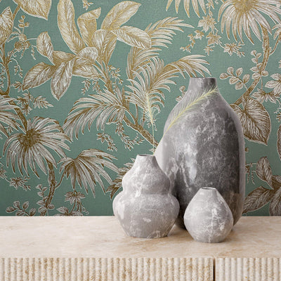 product image for Palm & Foliage Wallpaper in Soft Green/Gold from the Olio Collection 9
