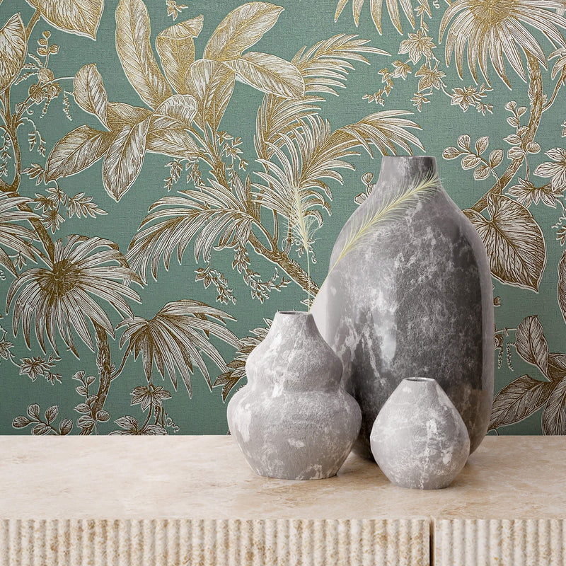 media image for Palm & Foliage Wallpaper in Soft Green/Gold from the Olio Collection 217