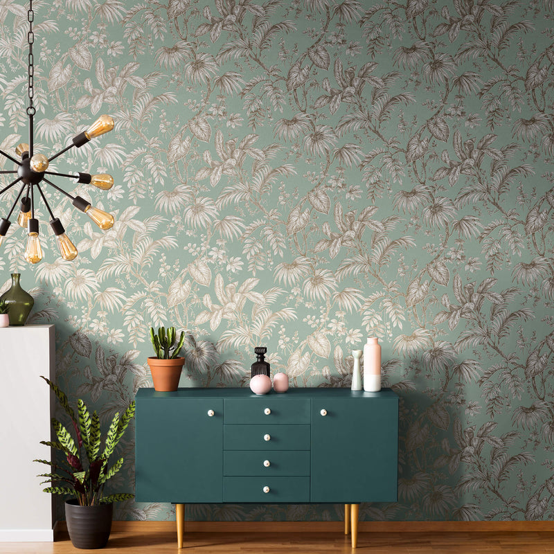 media image for Palm & Foliage Wallpaper in Soft Green/Gold from the Olio Collection 234