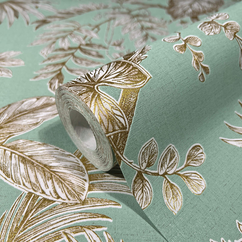 media image for Palm & Foliage Wallpaper in Soft Green/Gold from the Olio Collection 236