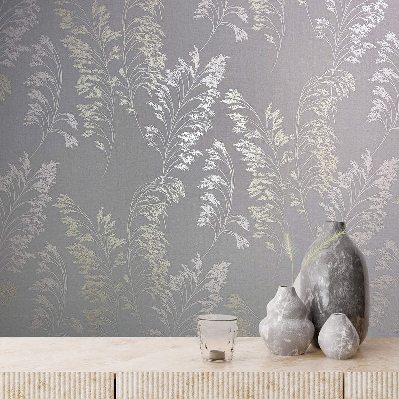 media image for Feather Shrub Wallpaper in Soft Grey/Gold from the Olio Collection 27