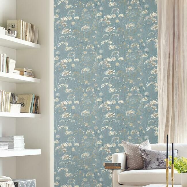 media image for Botanical Fantasy Peel & Stick Wallpaper in Blue and Beige by York Wallcoverings 261