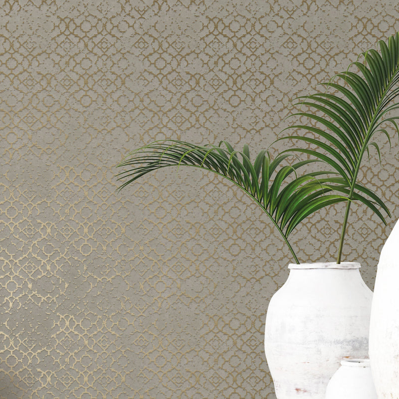 media image for Aged Quatrefoil Gold/Grey from the Emporium Collection by Galerie Wallcoverings 210