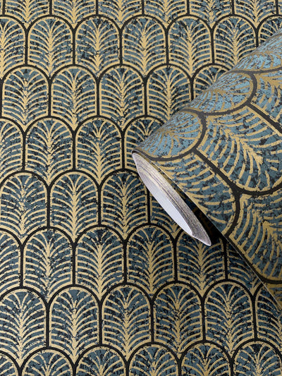 product image for Geo Arch Art Deco Wallpaper in Gold/Blue 50
