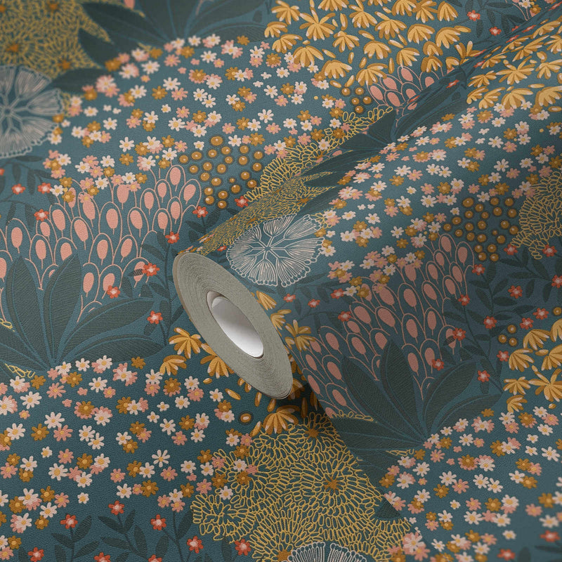 media image for Forest Bloom Motif Wallpaper in Turqouise/Yellow 226