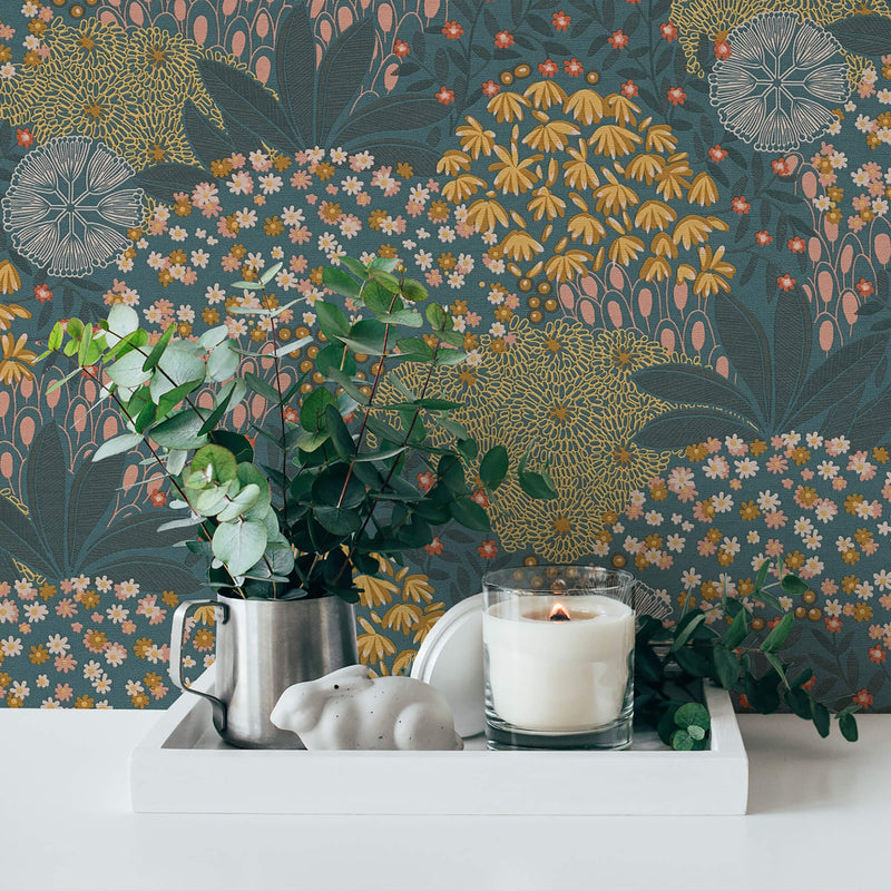 media image for Forest Bloom Motif Wallpaper in Turqouise/Yellow 234