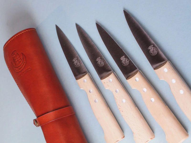 media image for au nain boucher set of 4 beech wood steak knives with leather pouch 4 266