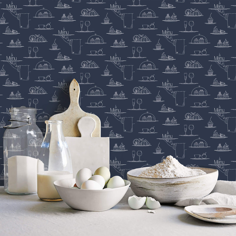 media image for Chalkboard Menu Navy Wallpaper from the Just Kitchens Collection by Galerie Wallcoverings 263