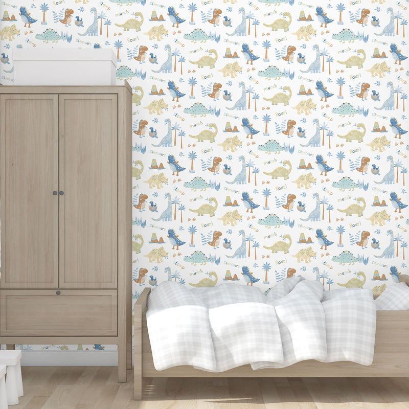 media image for Dinosaurs Blue/Beige Wallpaper from the Tiny Tots 2 Collection by Galerie Wallcoverings 227