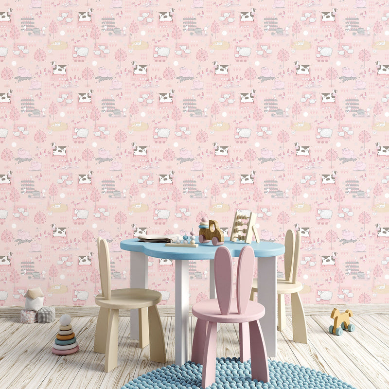 media image for Farmland Pink/Grey Wallpaper from the Tiny Tots 2 Collection by Galerie Wallcoverings 247