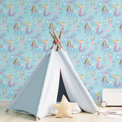 product image for Mermaids Turquoise/Glitter Wallpaper from the Tiny Tots 2 Collection by Galerie Wallcoverings 65