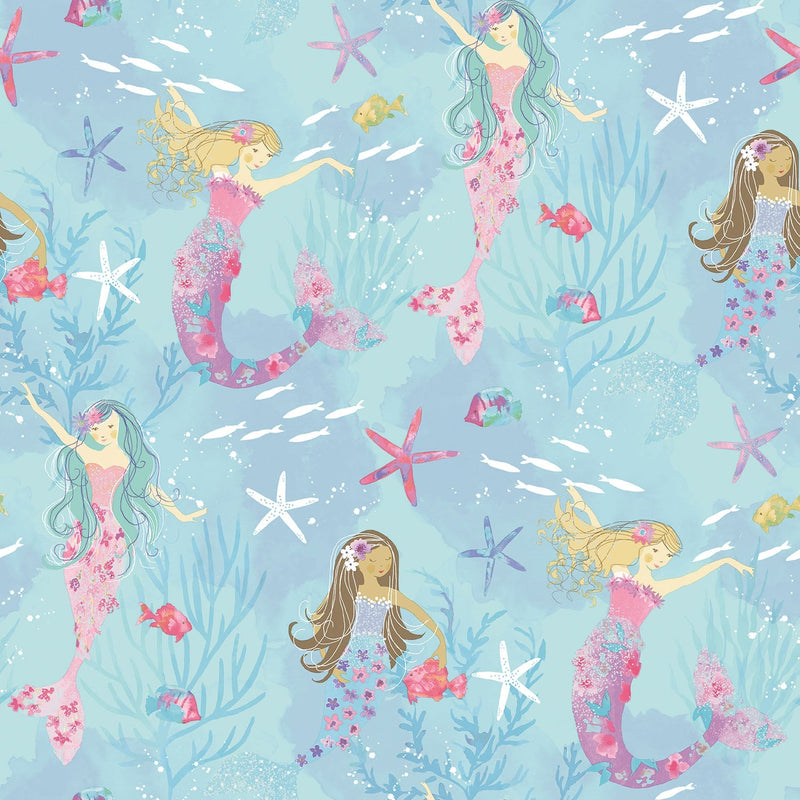 media image for Mermaids Turquoise/Glitter Wallpaper from the Tiny Tots 2 Collection by Galerie Wallcoverings 284