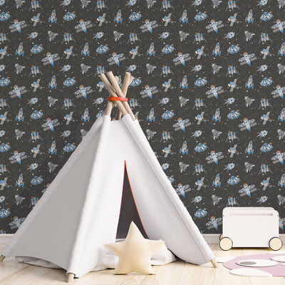 product image for Spaceships Black Multi Wallpaper from the Tiny Tots 2 Collection by Galerie Wallcoverings 58