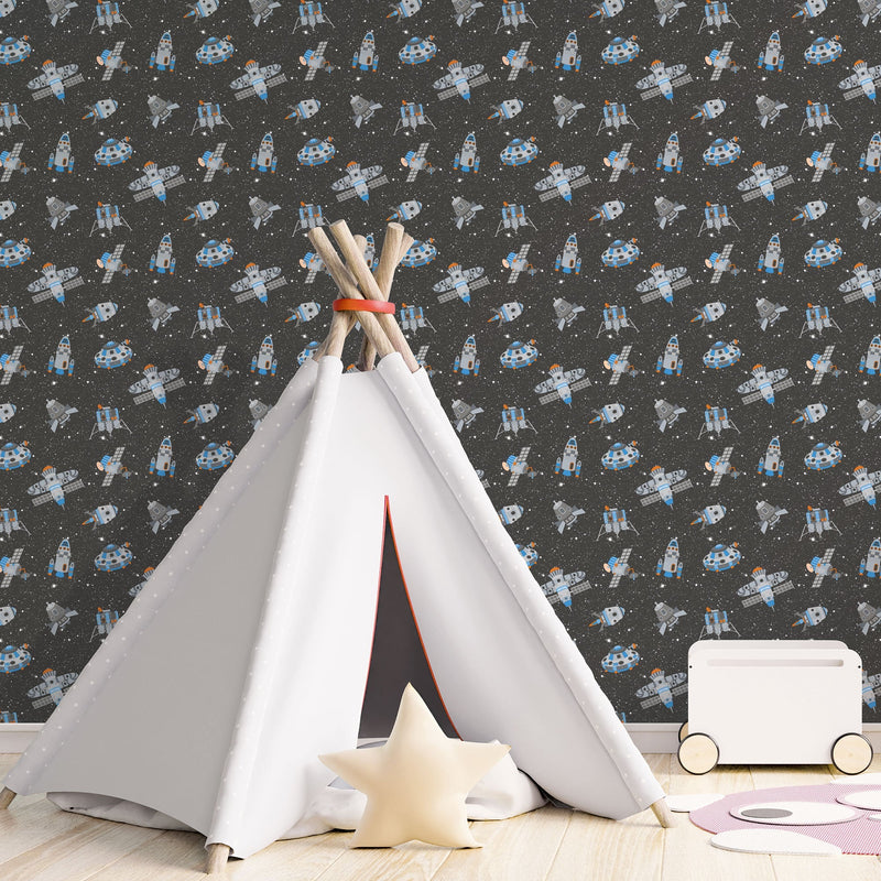media image for Spaceships Black Multi Wallpaper from the Tiny Tots 2 Collection by Galerie Wallcoverings 268