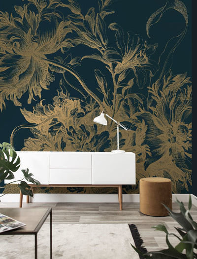 product image of Gold Metallic Wall Mural in Engraved Flowers Blue by Kek Amsterdam 560