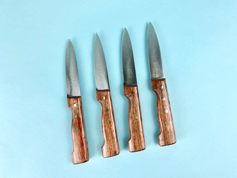 media image for au nain boucher set of 4 rosewood handle steak knives in leather pouch 1 251