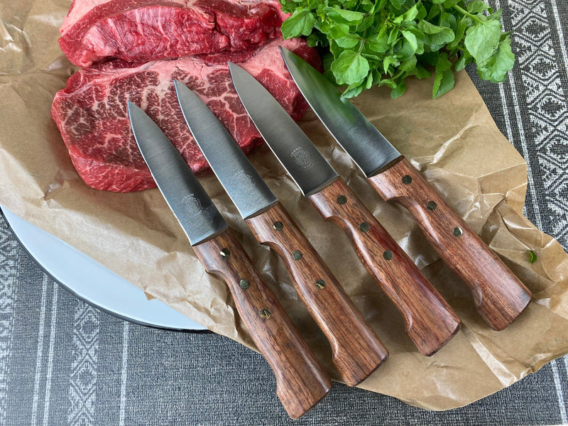 media image for au nain boucher set of 4 rosewood handle steak knives in leather pouch 2 297