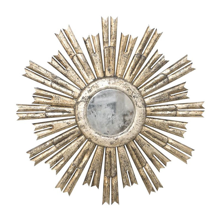 rinaldo starburst mirror in champagne silver leaf w antique mirror center design by bd studio 1