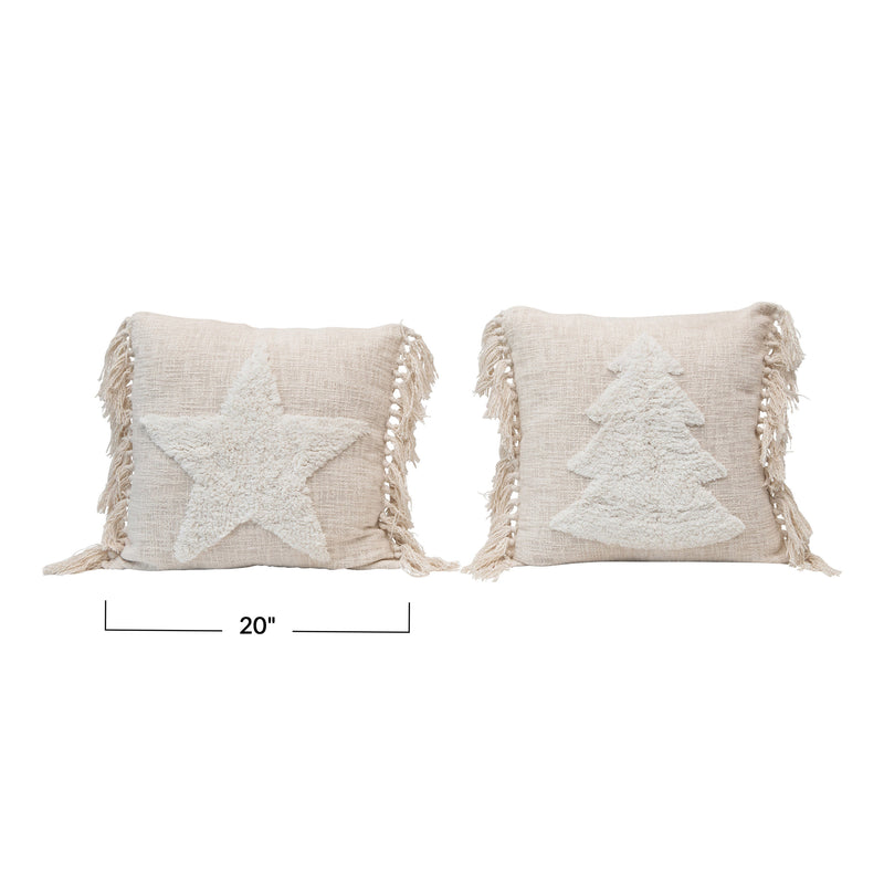 media image for 20 square cotton blend punch hook pillow w tassels cream color 2 styles 2 211