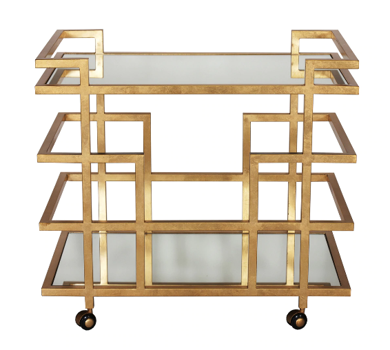 gold leaf linear bar cart with two mirror shelves 1