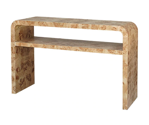 waterfall edge two tier console table in burl wood 1