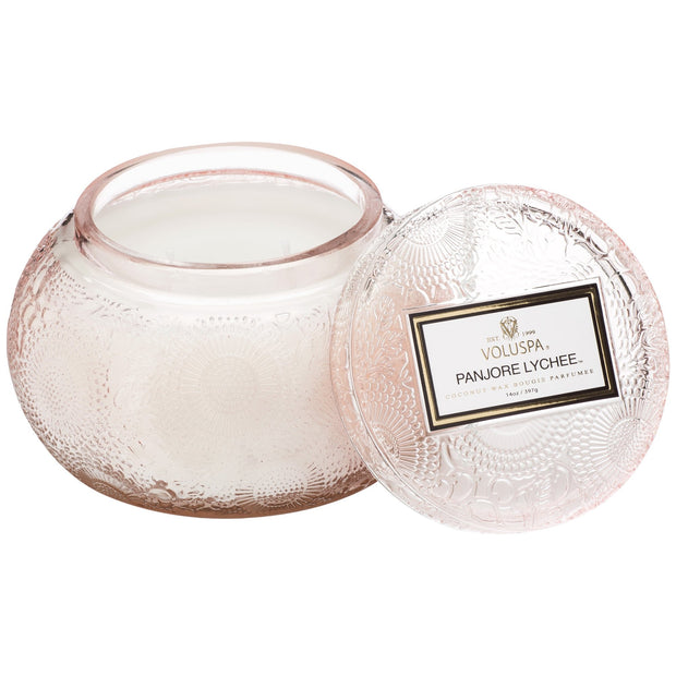 Chawan Bowl 2 Wick Embossed Glass Candle in Panjore Lychee design by Voluspa