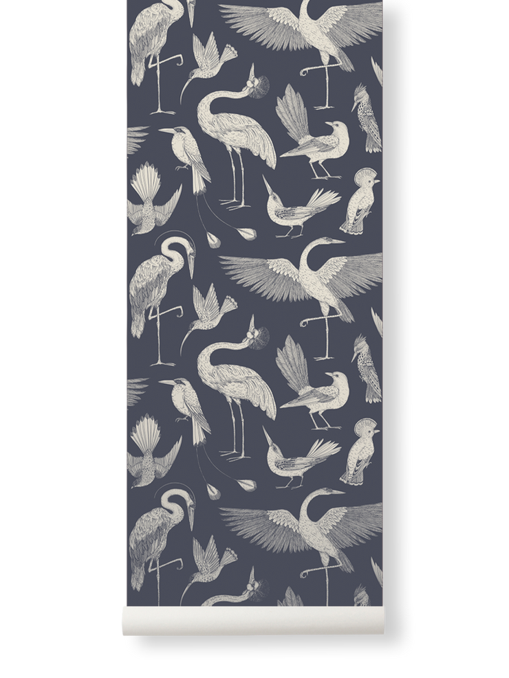 Sample Birds Wallpaper in Dark Blue by Katie Scott for Ferm Living