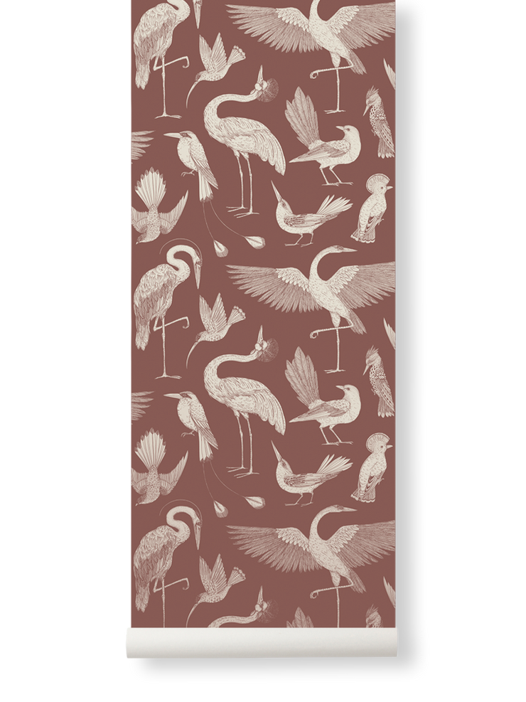 Sample Birds Wallpaper in Dusty Red by Katie Scott for Ferm Living
