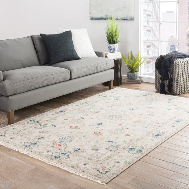 Hacci Hand-Knotted Floral Cream & Blue Area Rug