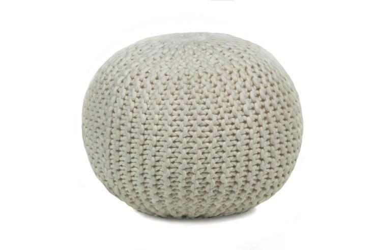 Hand-knitted Contemporary Wool Pouf, Beige