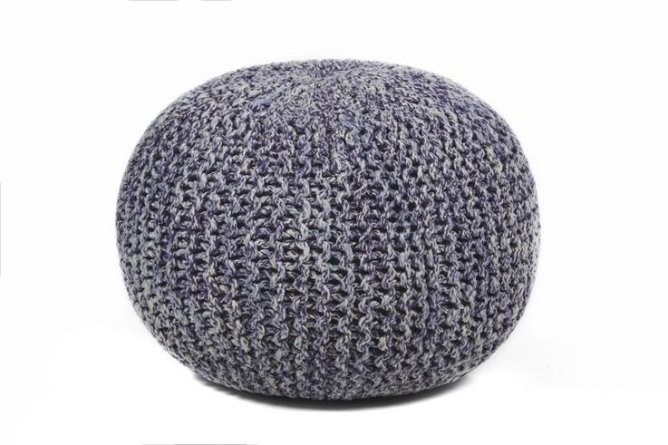 Hand-Knitted Contemporary Cotton Pouf, Blue
