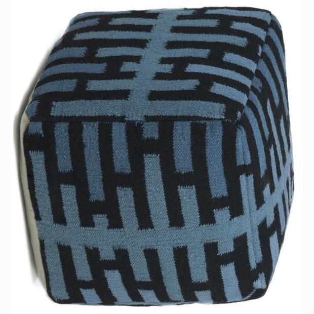 Hand-knitted Contemporary Wool Pouf, Blue