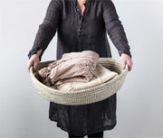 Round Hand-Woven Grass Basket with Handles in Natural & White